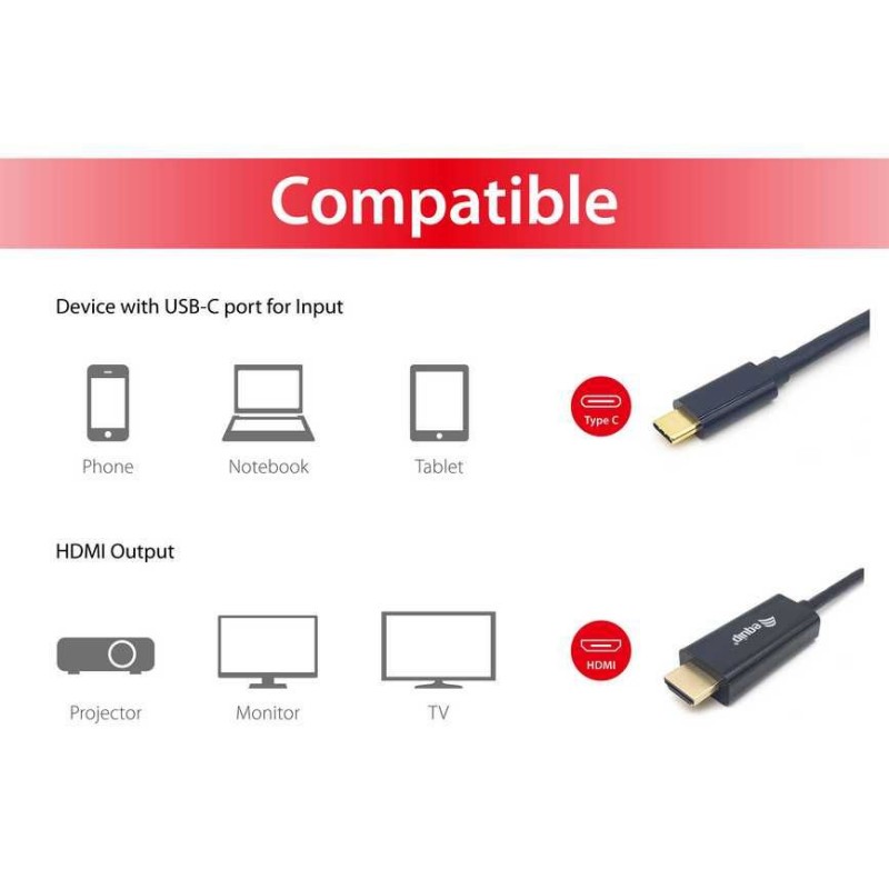 Equip kabel USB-C na HDMI, M/M, 1 m, 4K/30Hz