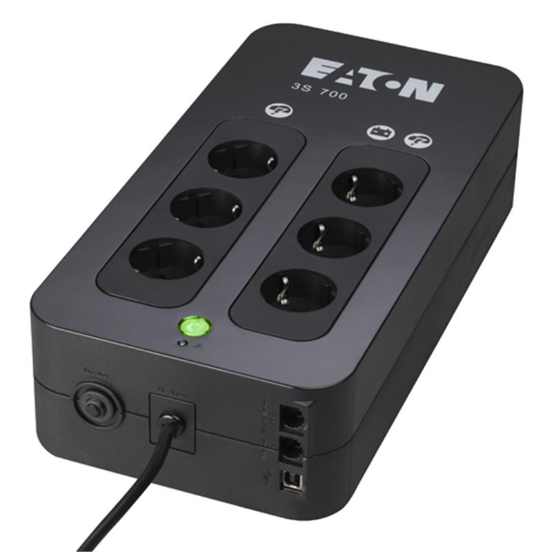 Eaton 3S UPS DIN, 700 VA, 420 W, Input: Schuko, Outputs: (3) Schuko, (3) Schuko surge only, Tower