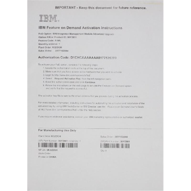 IBM IMM Advanced Upgrade 00Y3655, FoD